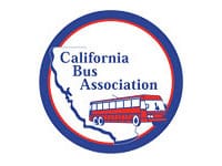 California Bus Association Logo inside of circle and over a outline drawing of the state of california